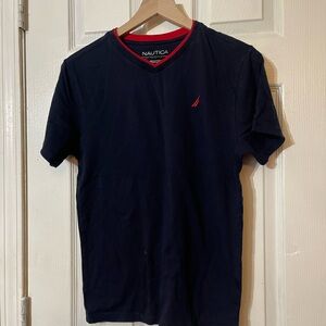 Nautica Navy Short Sleeve V-Neck Tee with Red Trim